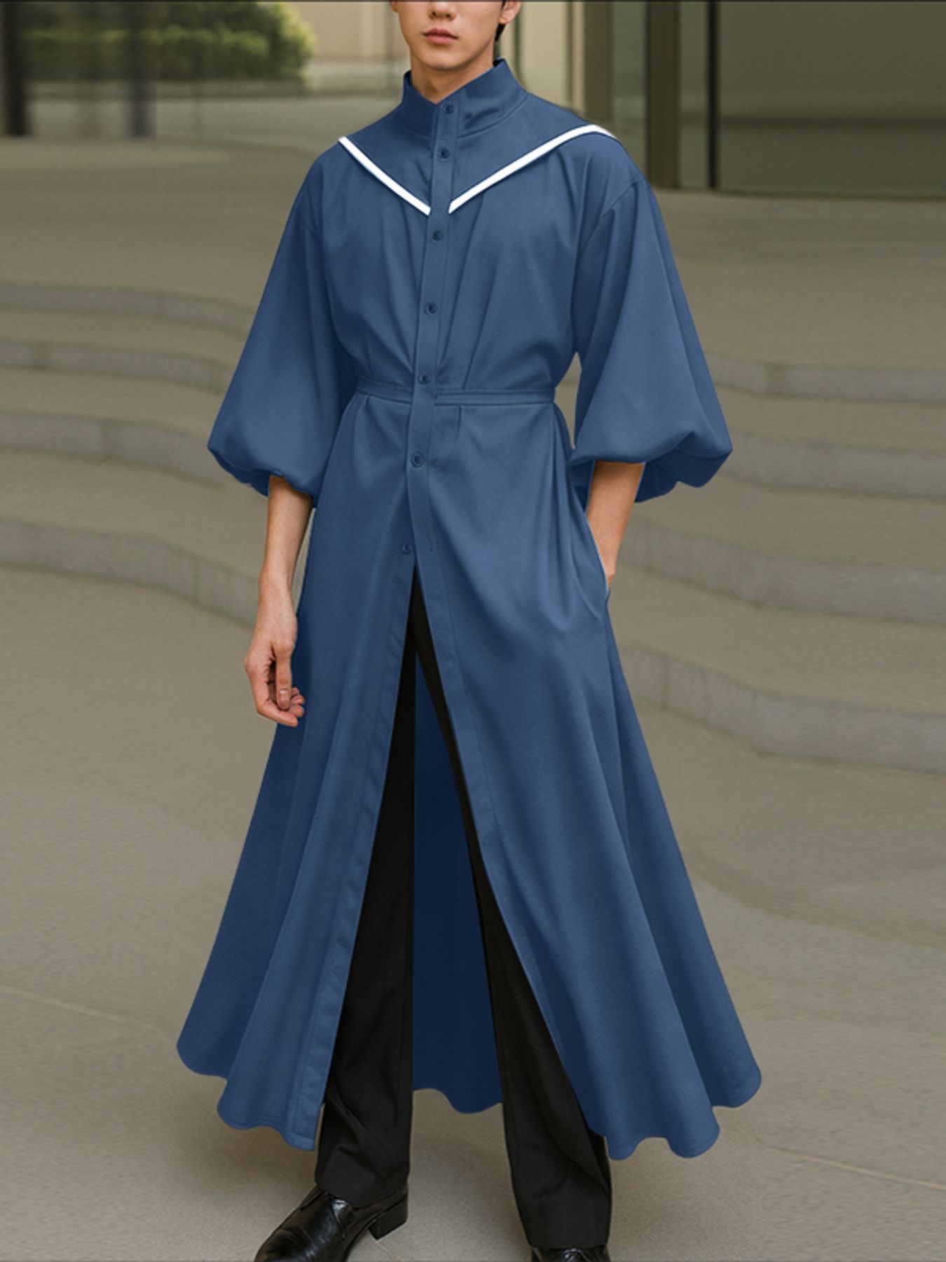 Men's Solid Color Waist Cinched Lantern Sleeve Shirt SKUL41012