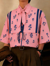 Men's Vintage Floral Print Lace-up Front Short Sleeve Scarf Shirt SKUL53038