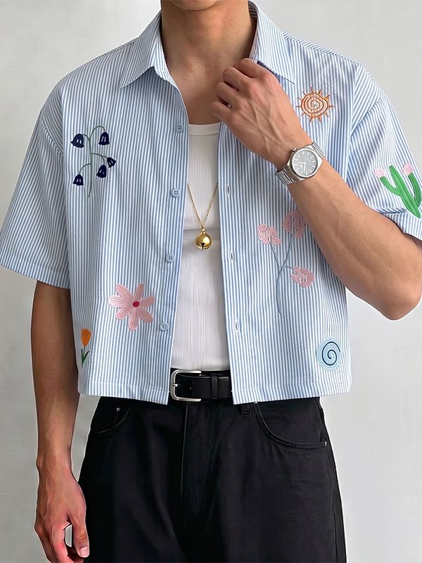Men's Avant-Garde Whimsical Embroidered Cropped Pinstripe Short Sleeve Shirt SKUL74579