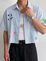 Men's Avant-Garde Whimsical Embroidered Cropped Pinstripe Short Sleeve Shirt SKUL74579