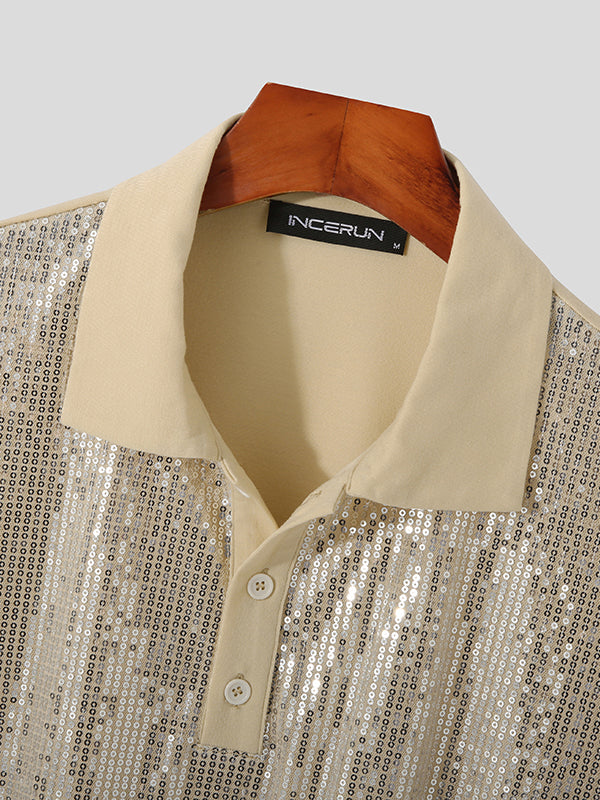 Mens Sequin Sparkle Glitter Patchwork Polo Shirt SKUJ37726