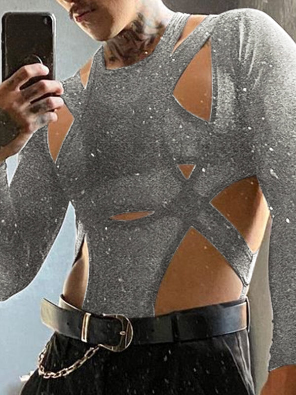 Mens Cutout Patchwork Long Sleeve Triangle Bodysuit SKUI95215