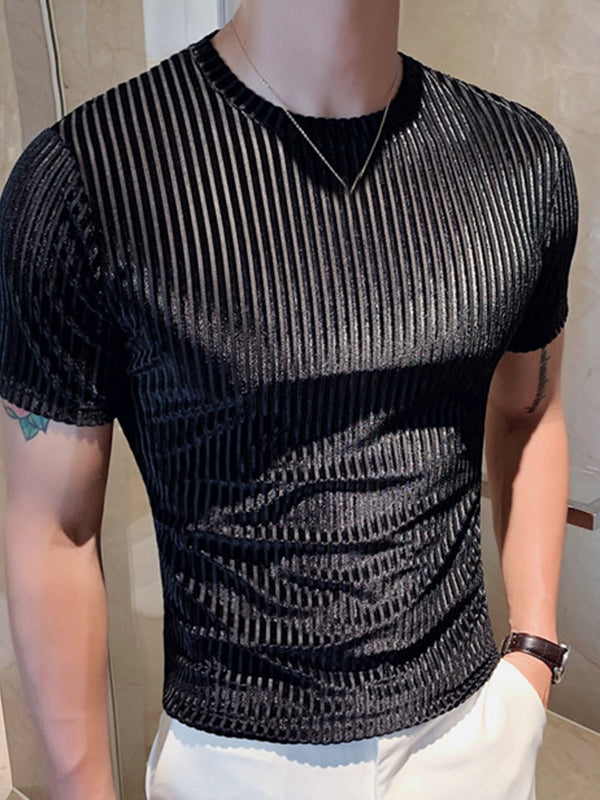 Mens Velvet Striped Round Neck Casual T-shirts SKUI87788 – INCERUNMEN