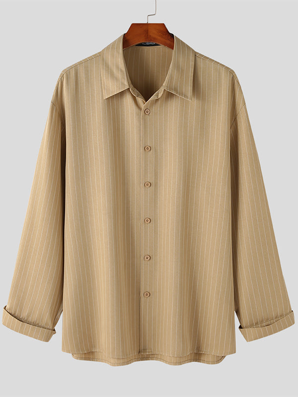 Mens Striped Print Long Sleeve Button Lapel Shirt SKUJ93334
