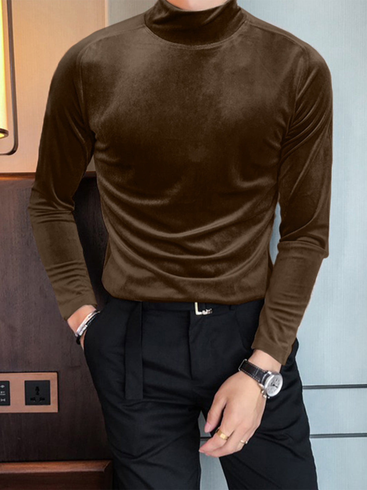 Mens High-neck Velvet Casual Long-sleeved T-Shirt SKUI46341 – INCERUNMEN