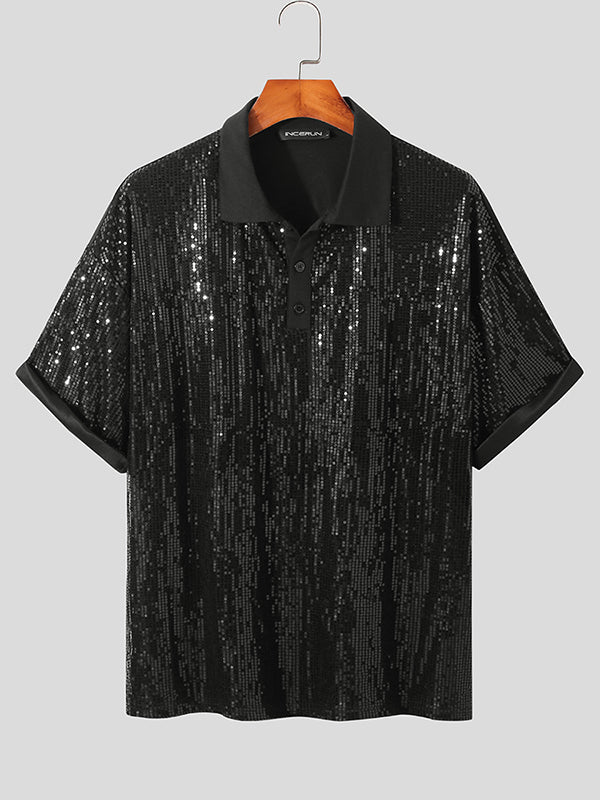 Mens Sequin Sparkle Glitter Patchwork Polo Shirt SKUJ37726