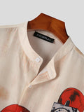 Mens Print 3/4 Sleeve Stand Collar Button Shirt SKUJ92627