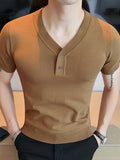 Mens Solid Button Short Sleeve V-neck T-shirt SKUJ99648