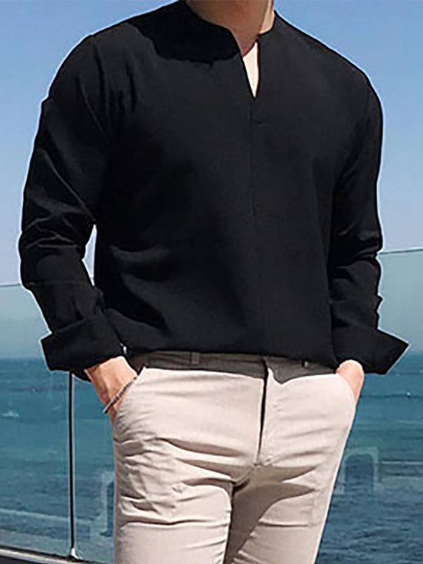 Men's V-Neck Solid Color Long Sleeve Shirts SKUH87522