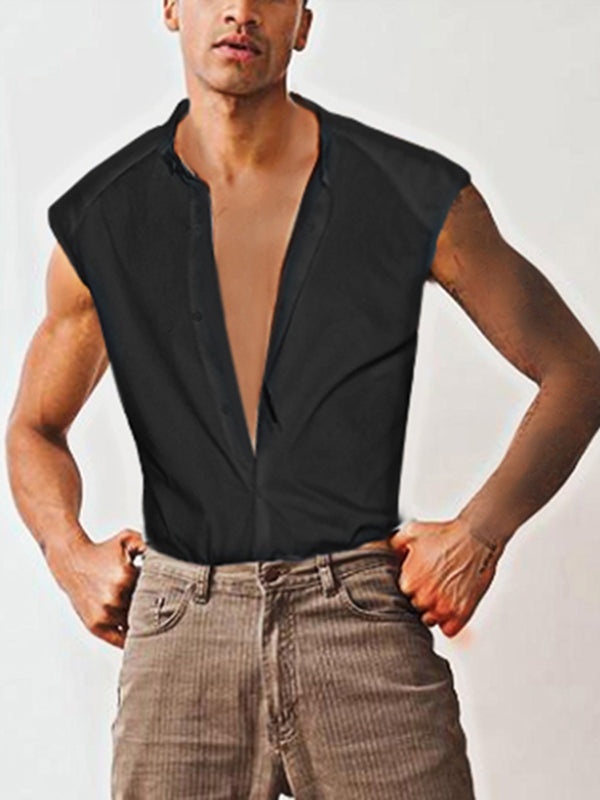 Mens Solid Workout Button Down Sleeveless Shirt SKUJ34494