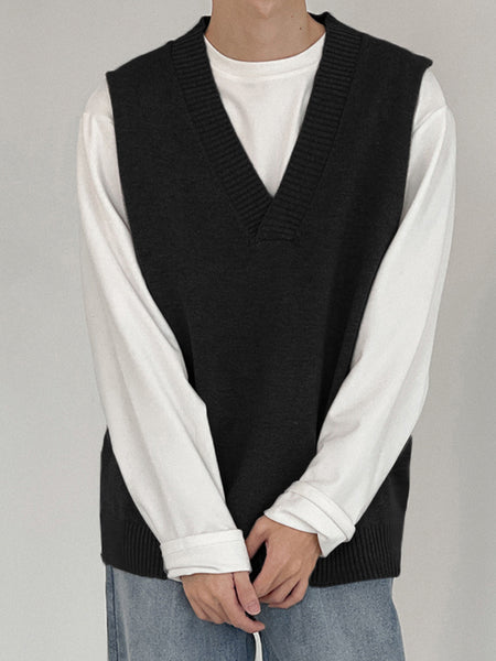 Mens V-neck Loose Knitted Sleeveless Sweater Vest SKUI62829 – INCERUNMEN