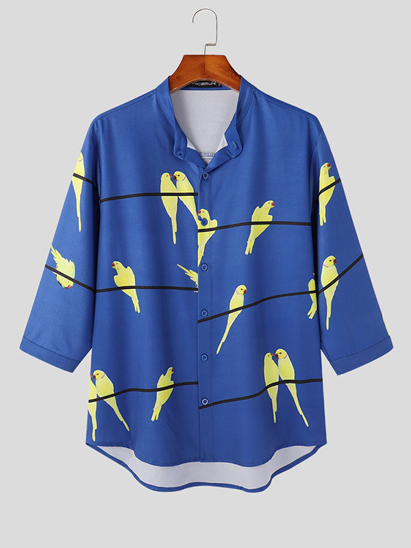 Mens Birds Print Stand Collar 3/4 Sleeve Shirt SKUJ98929
