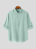 Mens Solid Cotton&Linen 3/4 Sleeve Shirt SKUJ98977