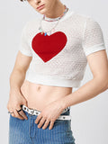 Mens Heart Patchwork Hollow-out Cropped T-shirt SKUJ96555