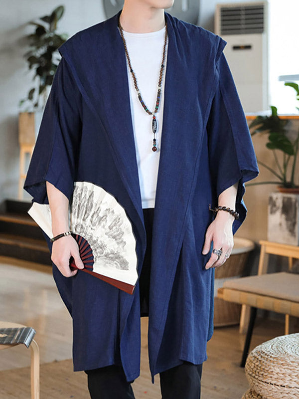 Mens Solid Cotton&Linen Hooded Kimono SKUJ69929