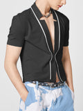 Mens Contrast V-neck Short Sleeve Cropped Shirt SKUJ96655