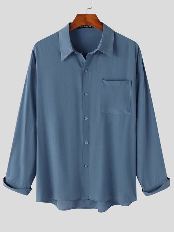 Mens Solid Long Sleeve Pocket Button Front Shirt SKUJ97842