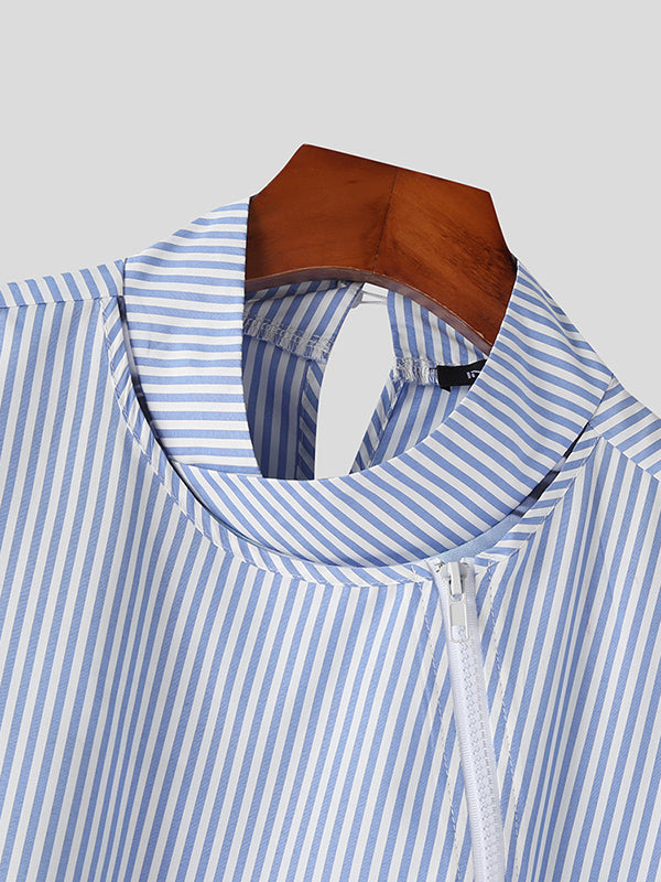 Mens Striped Print Patchwork Zip Shirt SKUJ95245