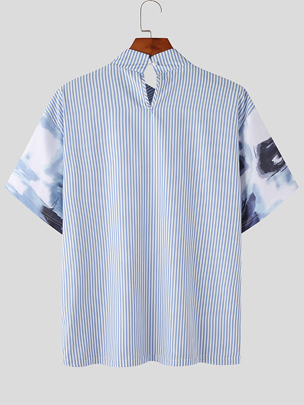 Mens Striped Print Patchwork Zip Shirt SKUJ95245