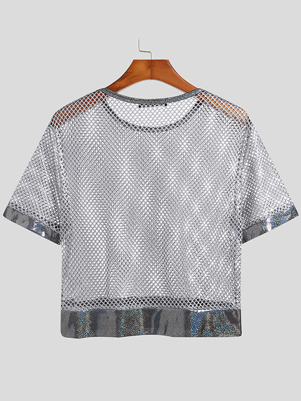 Men's Brown Sheer Round Neck Mesh T-Shirt