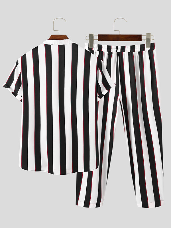 Mens Striped Short Sleeve Shirts Pants Set SKUI92816