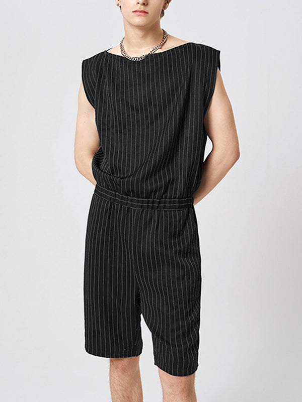 Mens Striped Pattern Sleeveless Jumpsuit With Pocket SKUJ95041