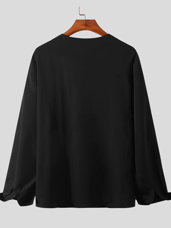 Men's V-Neck Solid Color Long Sleeve Shirts SKUH87522