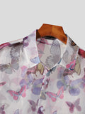 Mens Butterfly Print See Through Lapel Shirt SKUJ93866