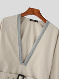 Mens Patchwork V-neck Belted Long Sleeve T-shirt SKUJ92129