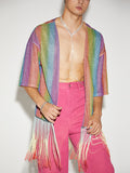 Mens Glitter Rainbow Stripe Printed Fringe Cardigan SKUJ33113