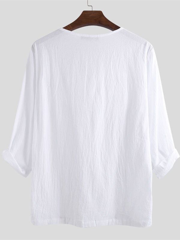 Mens V Neck Casual Linen Solid T-Shirts SKUA29780