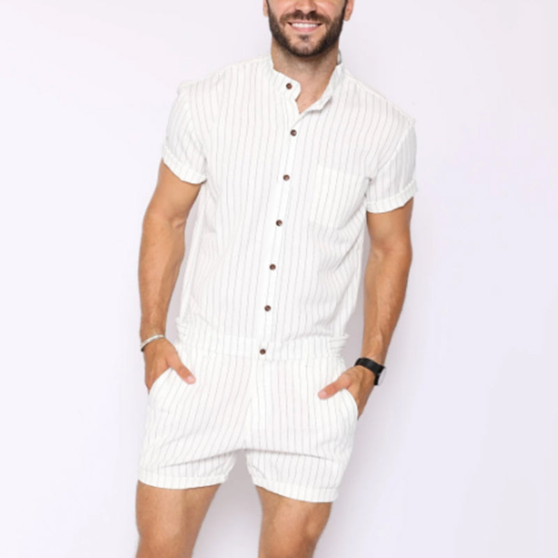 Mens Striped Button Causal Short Sleeve Jumpsuit SKUE55079