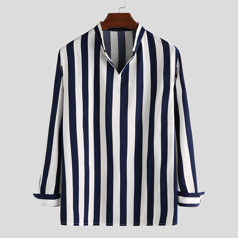 Men's Stand Collar V-neck Striped Shirts SKUD81319