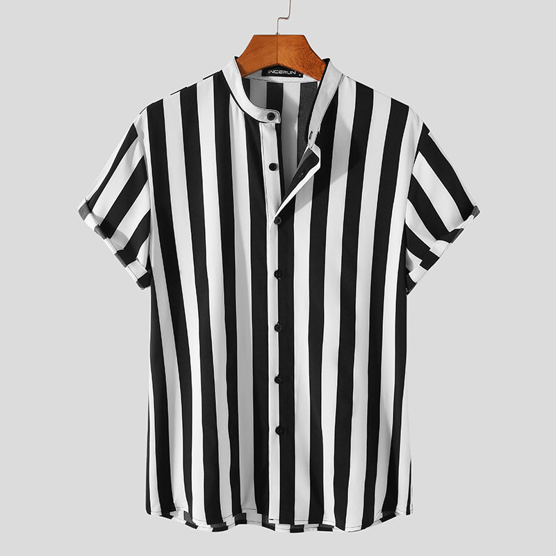 Mens Vintage Stand-up collar Short Sleeve Striped Shirts SKUG77758